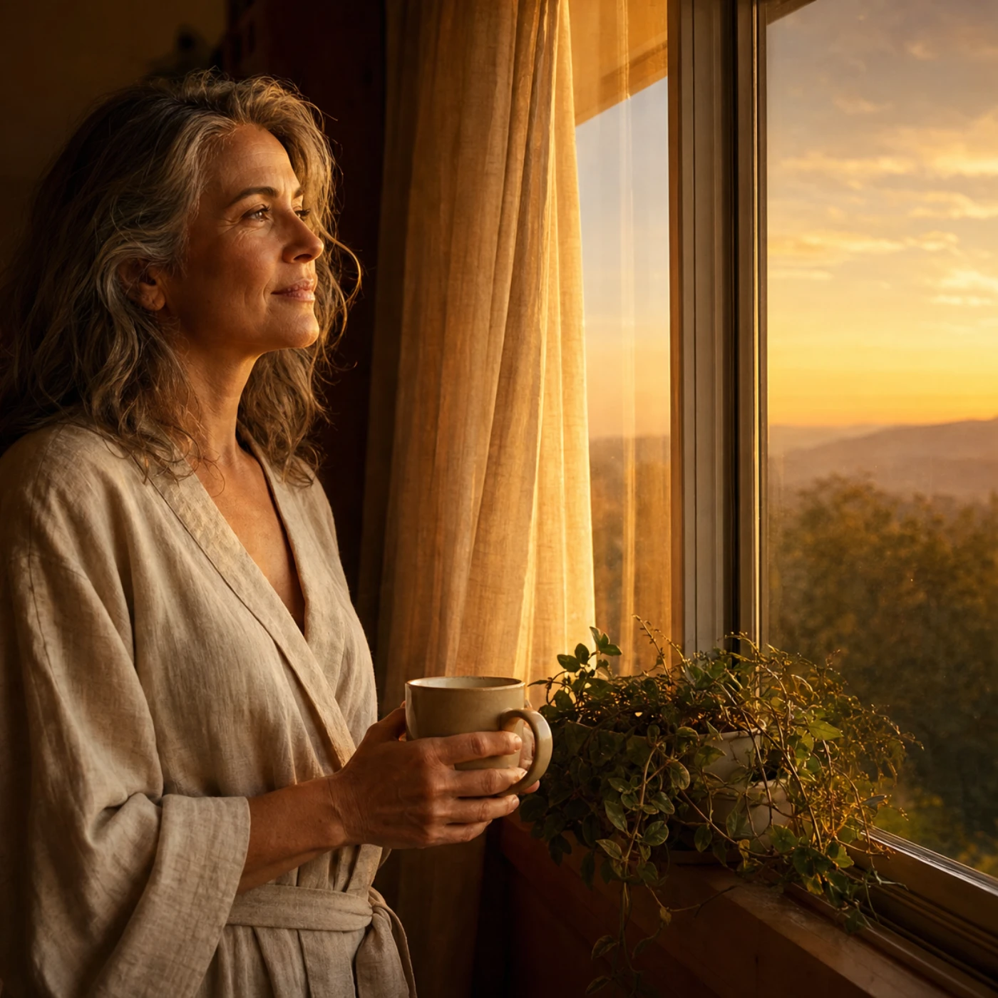 Woman in a linen robe holding a mug, looking out a window at a sunrise